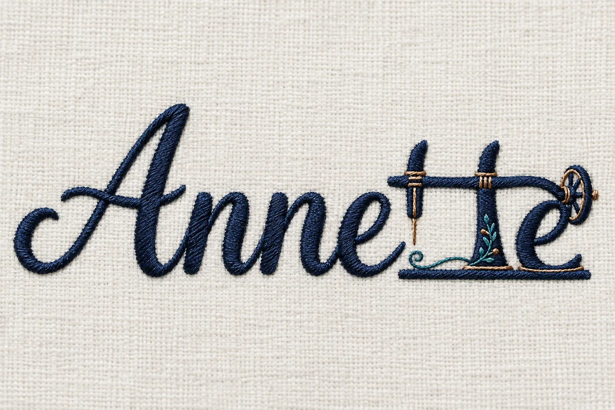 Annette embroidered in navy thread on cream fabric with the final tte forming the arm needle and handwheel of a sewing machine