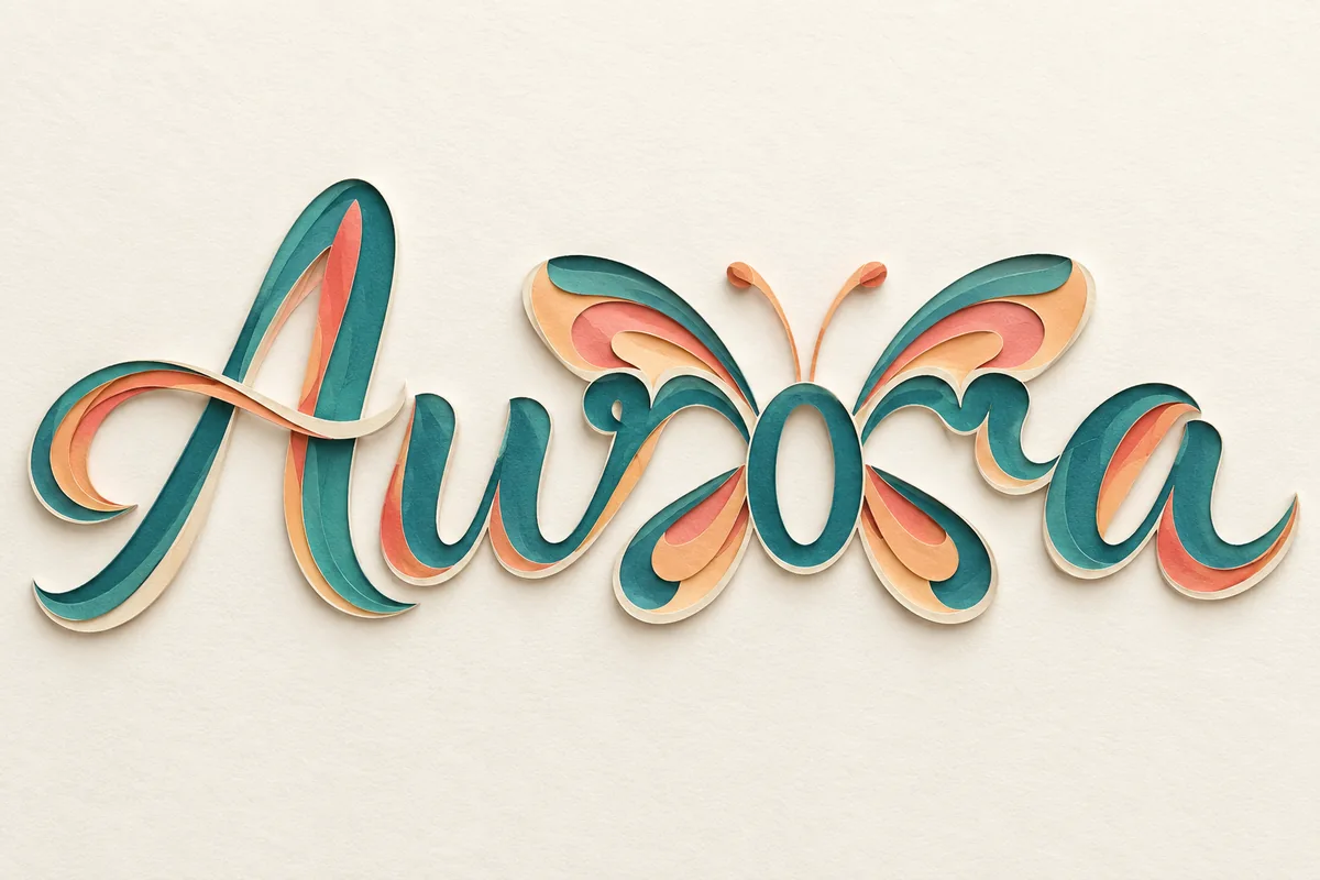 Aurora in layered teal coral and apricot paper with the middle ror forming the wings and center of a butterfly