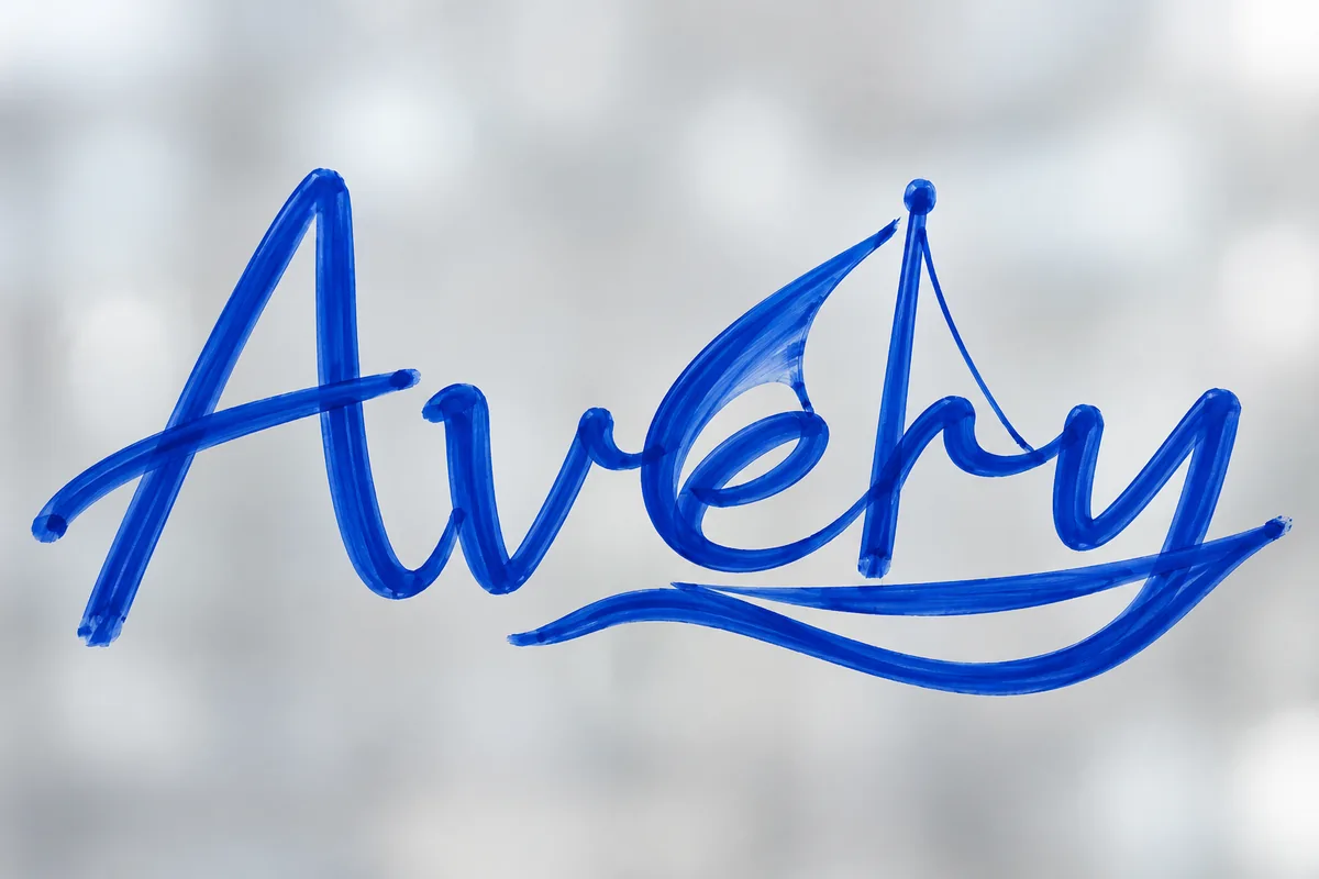 Avery in cobalt blue handwriting on glass with the ending ery strokes forming the sail mast and hull of a sailing yacht
