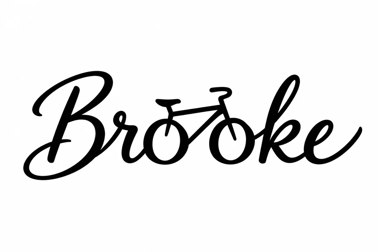 Brooke in black script with both middle o letters forming the wheels of a bicycle connected through the name