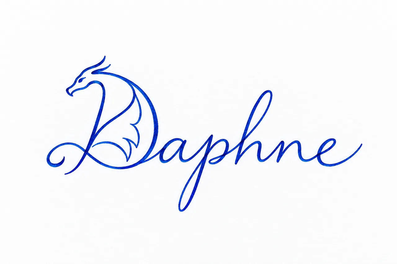 Daphne in blue ink with the opening capital D forming a graceful dragon through its curved neck, sweeping wing and flowing letter strokes