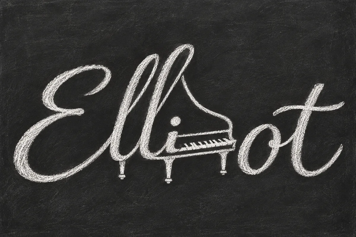 Elliot in white chalk on a dark board with the middle lli strokes forming a grand piano lid and keyboard