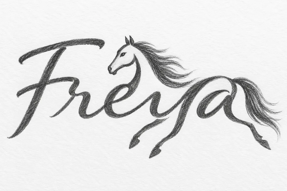 Freya in textured graphite pencil with the ending eya becoming a horse with flowing mane curved body and tail