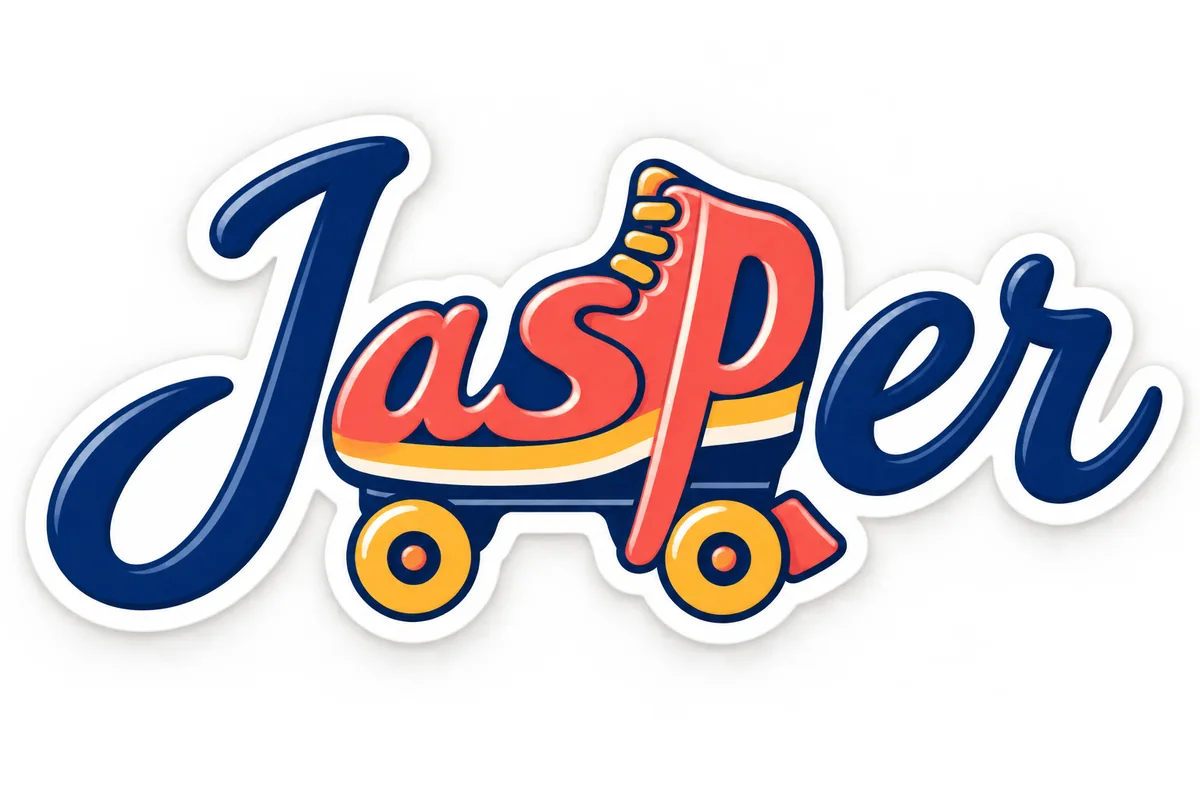 Jasper in navy coral and yellow sticker lettering with the middle asp group forming a roller skate with laces and wheels