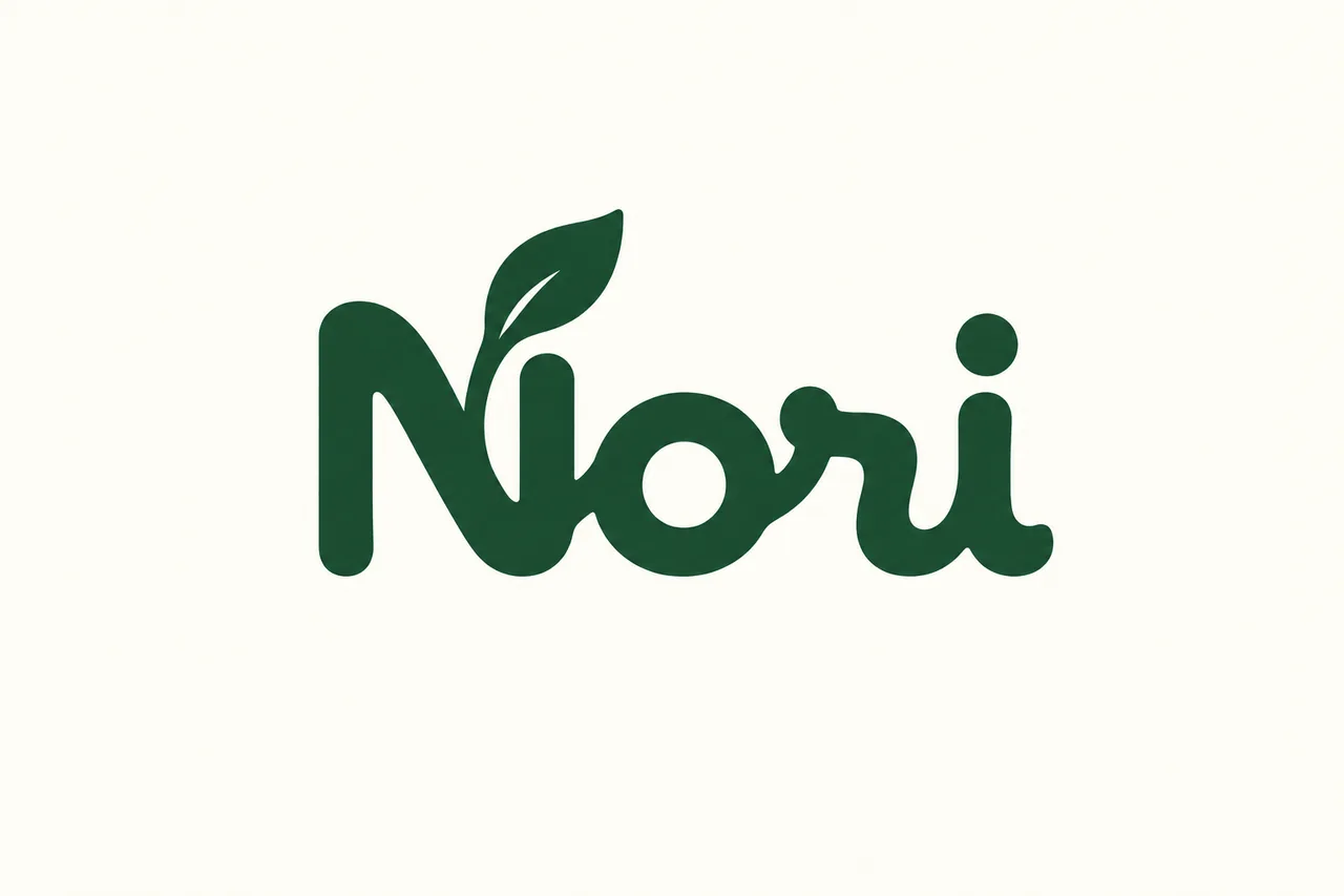 Nori logo with a leaf growing from N, keeping the green color and rounded lettering