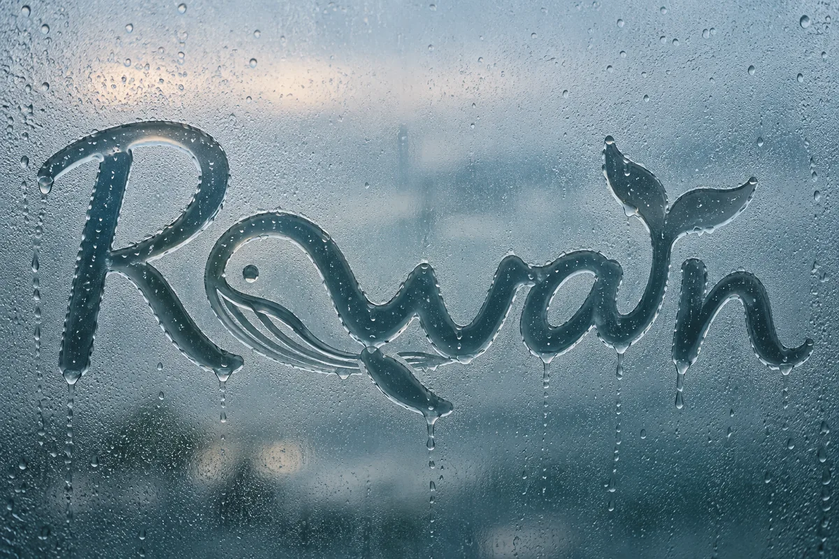 Rowan traced through wet window condensation with the middle owa forming a swimming whale with curved body and tail