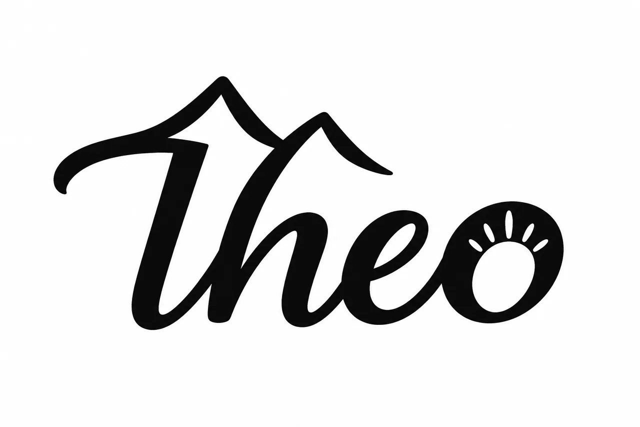 Theo in black lettering combining mountain and sun ideas in the name